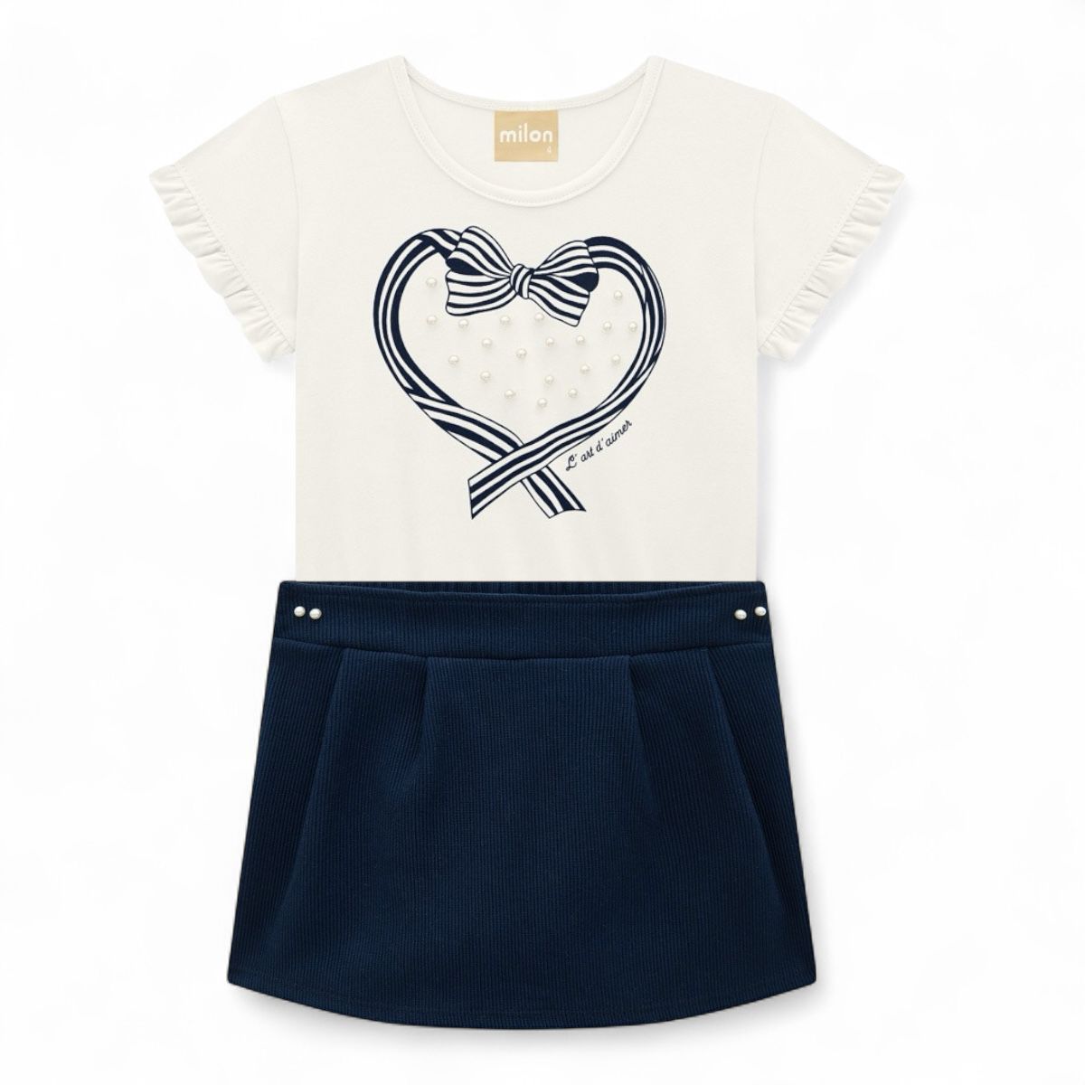 Conjunto Milon Infantil Menina Blusa Coração Pérolas e Saia Milon
