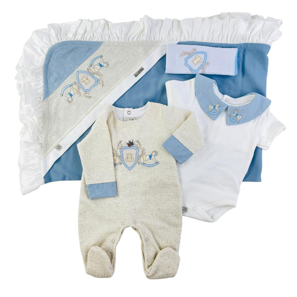 Saída de Maternidade Masculina Pipoquinhas Baby Escudo Cavalo 4 Peças