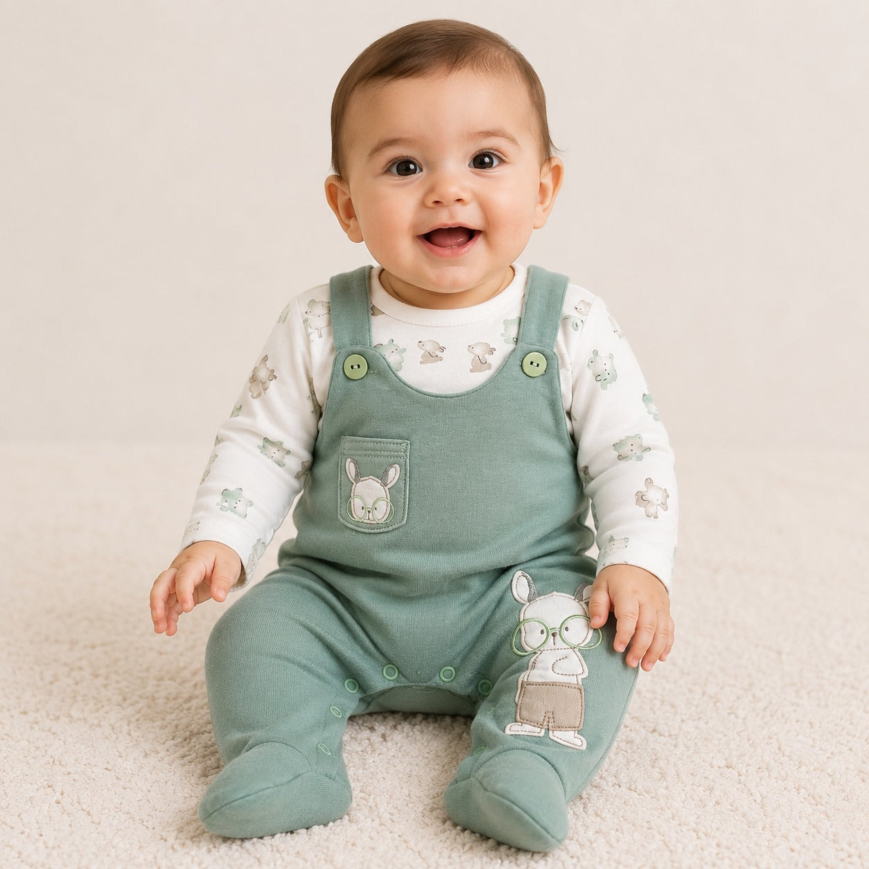 Conjunto Infantil Masculino Jardineira e Body Gira Gigi Coelho