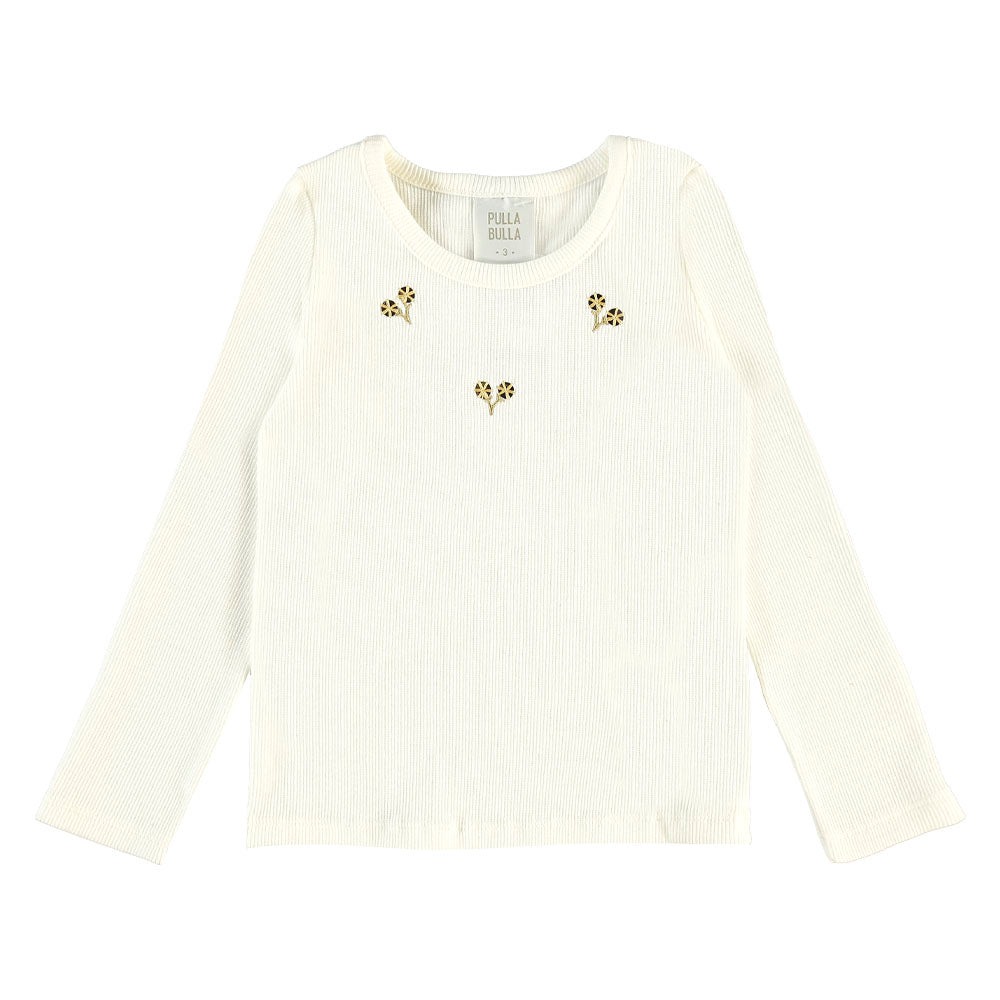 Blusa Infantil Feminina Pulla Bulla Manga Longa Canelada com Bordado Florzinhas