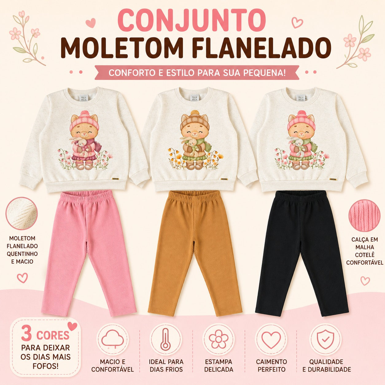 Conjunto Infantil Feminino Pulla Bulla Gatinha e Flores - Moletom Flanelado e Malha Cotelê