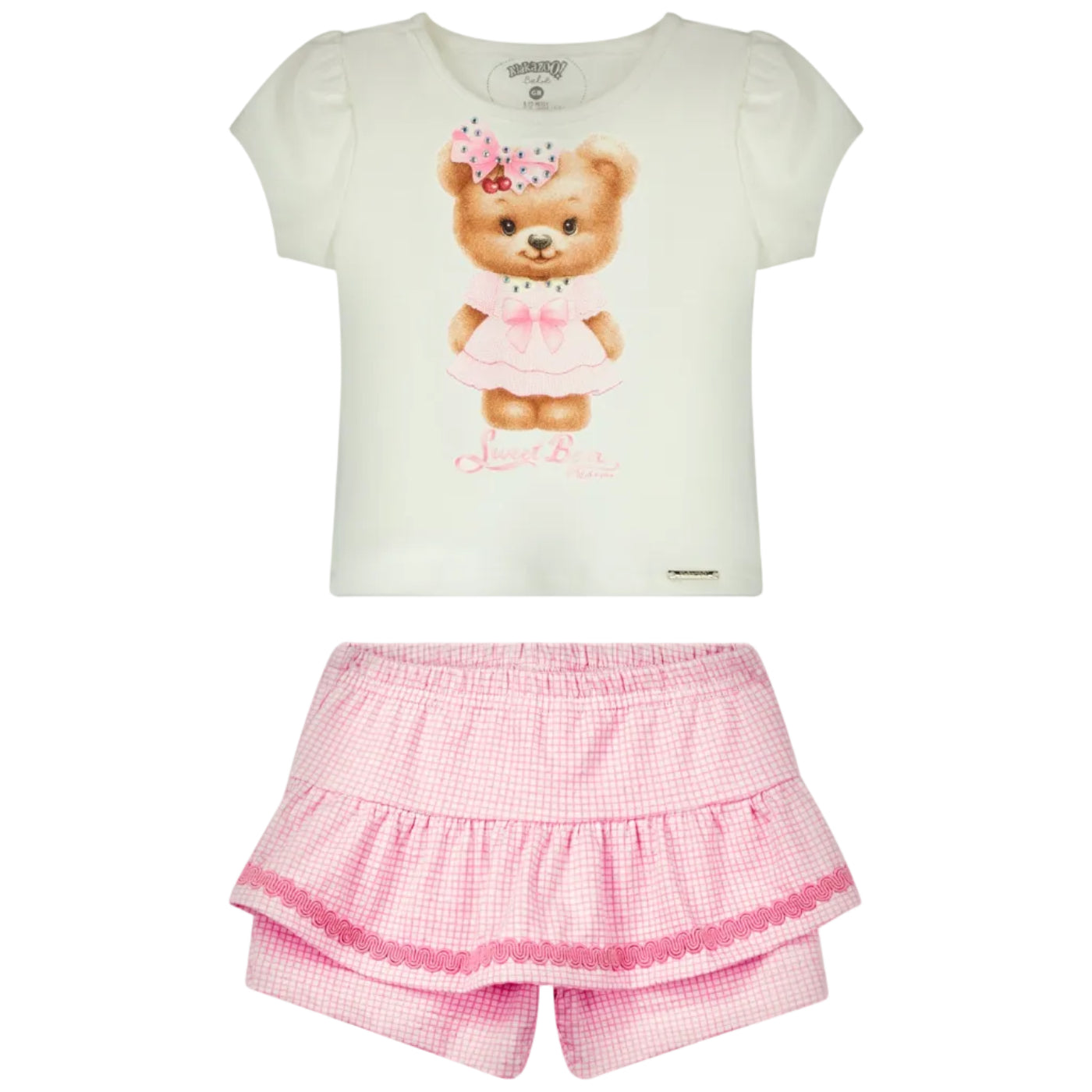 Conjunto Infantil Feminino Alakazoo Bebê Ursinha Sweet Bear e Short-Saia Xadrez