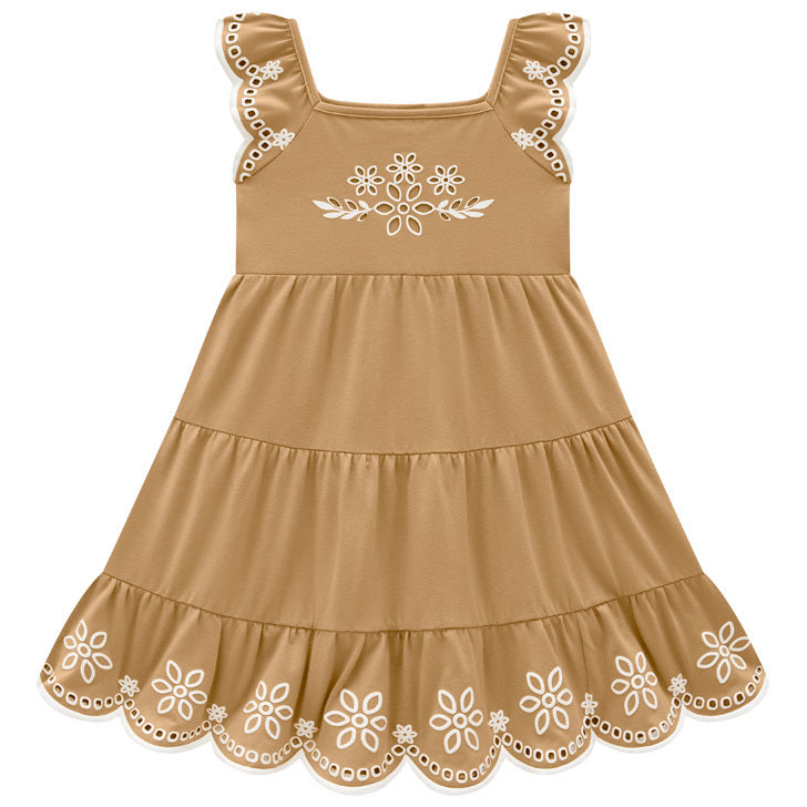 Vestido Infantil Bordado Floral Babado Delicado