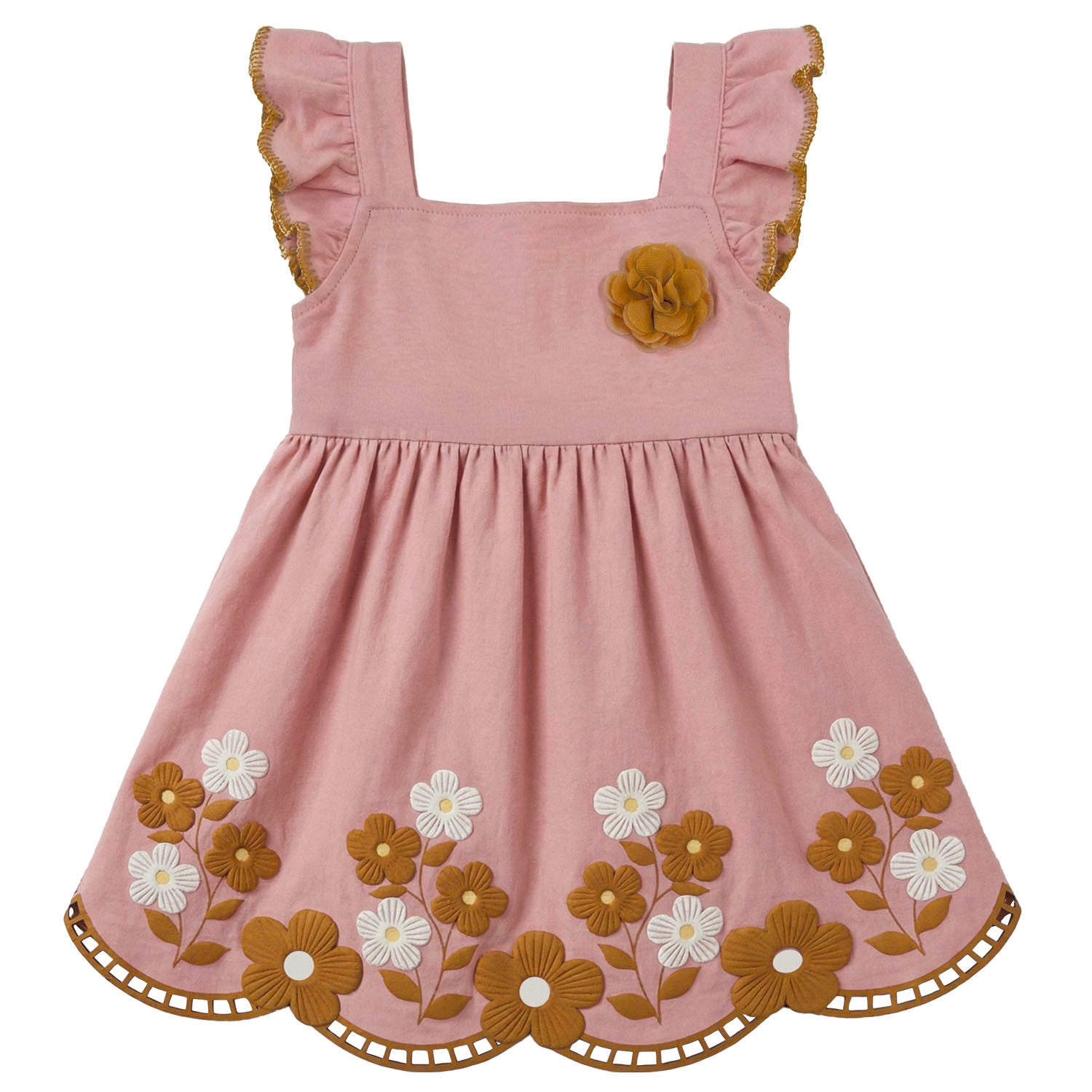 Vestido Infantil Feminino Kyly Romântico com Aplicação de Flor e Barrado Ondulado