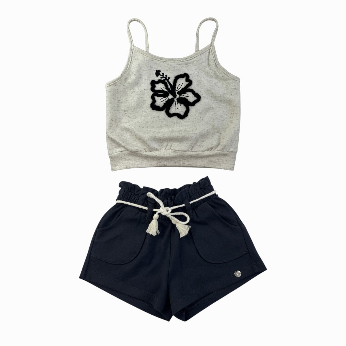 Conjunto Feminino Infantil Have Fun Hibisco Bordado em Malha Linho