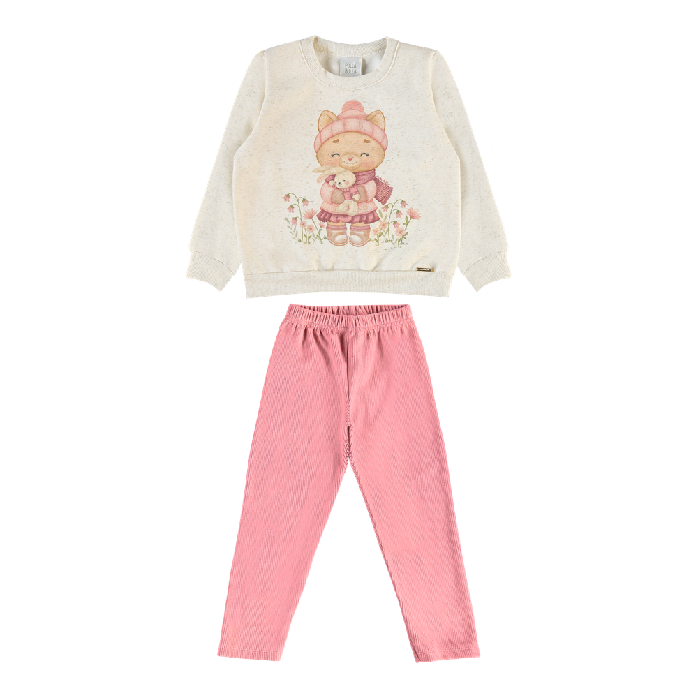 Conjunto Infantil Feminino Pulla Bulla Gatinha e Flores - Moletom Flanelado e Malha Cotelê