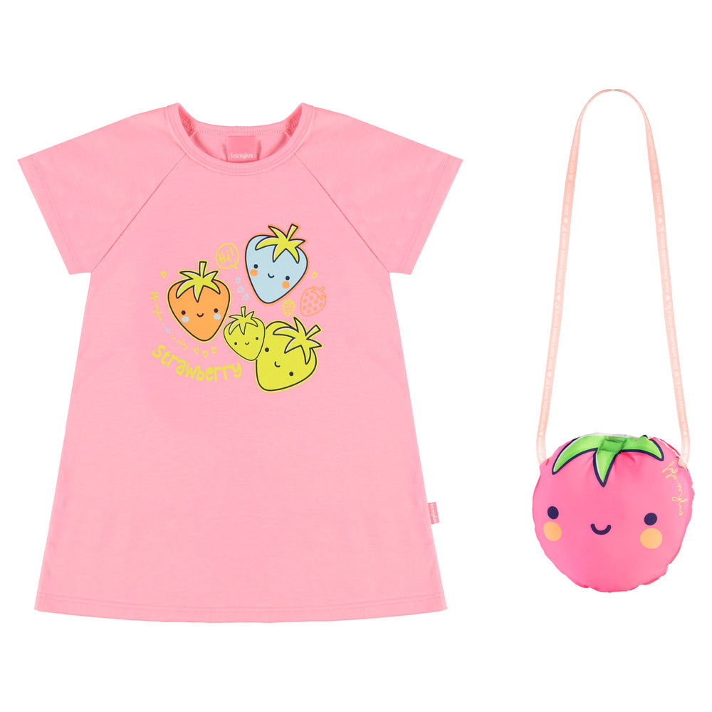 Vestido Infantil Feminino Kamylus Strawberry Malha PA e Bolsa Morango