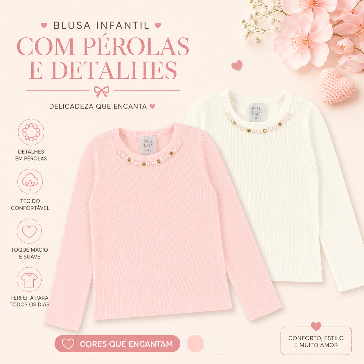 Blusa Infantil Feminina Pulla Bulla Manga Longa Canelada com Aplique de Pérolas