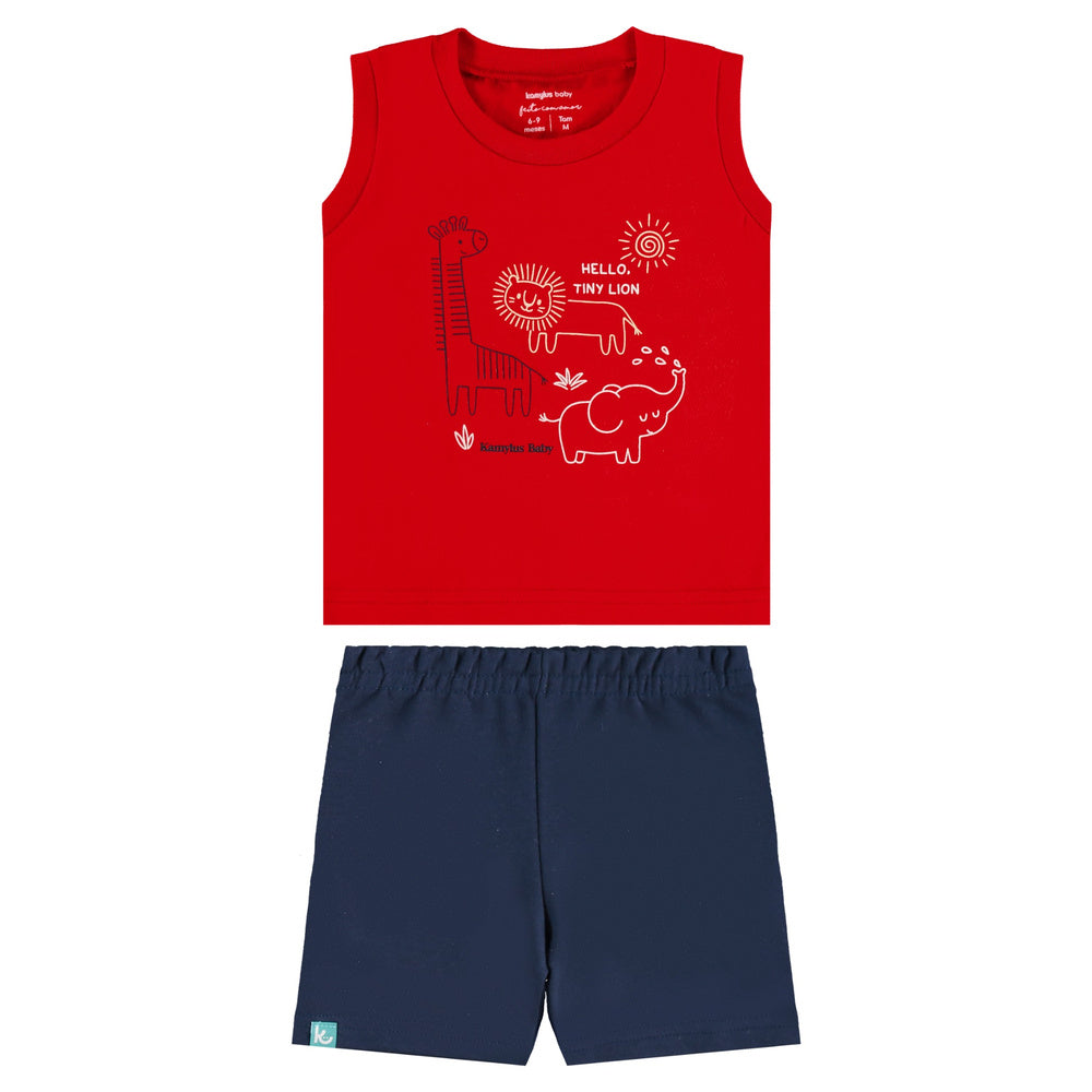Conjunto Bebê Masculino Kamylus Hello Tiny Lion Regata e Shorts