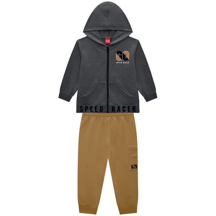 Conjunto Infantil Masculino Kyly Jaqueta com Capuz Go Speed Racer e Calça Moletom Peluciado