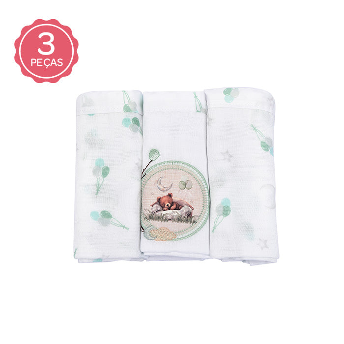 Kit Fralda Muito Mimo Bordada e Estampada 3 Peças