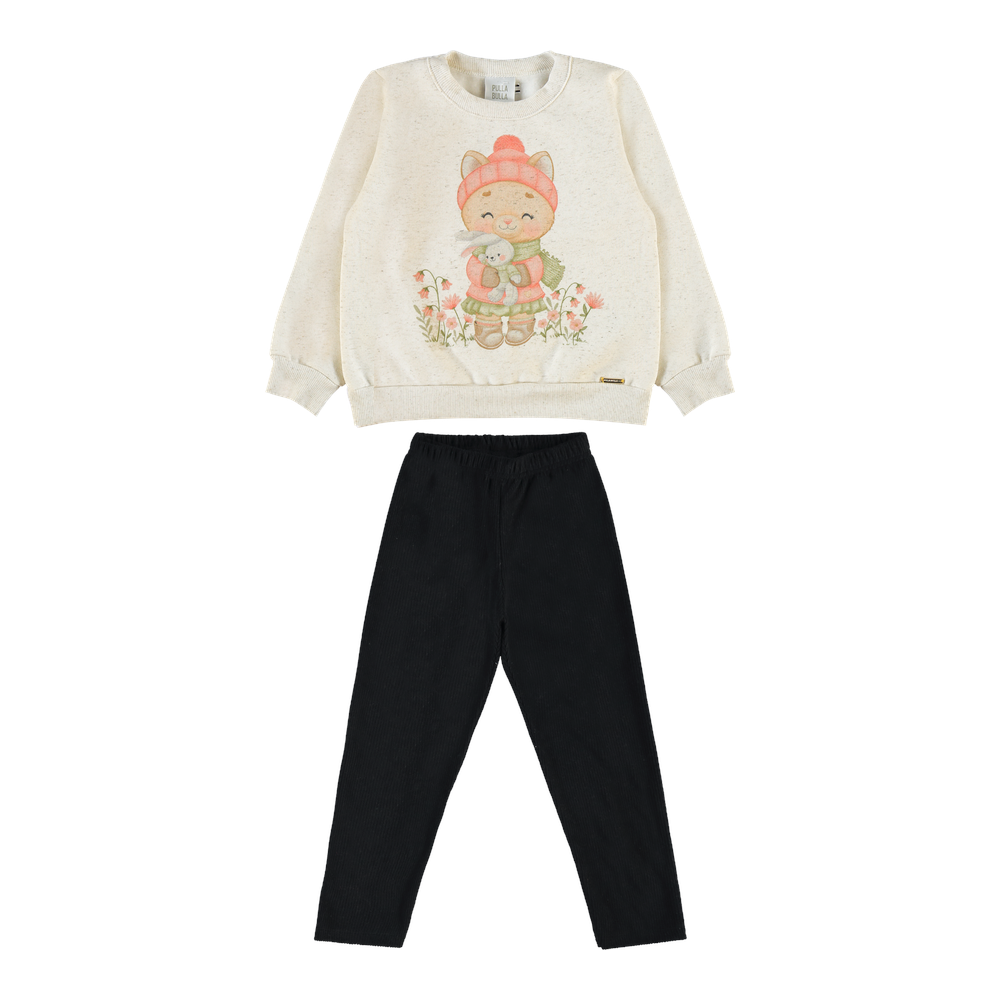 Conjunto Infantil Feminino Pulla Bulla Gatinha e Flores - Moletom Flanelado e Malha Cotelê