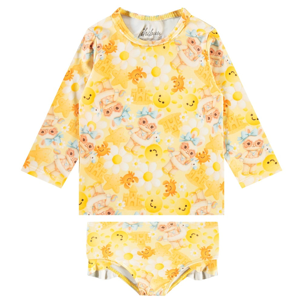 Conjunto Manga Longa Infantil Baby Kamylus Tchibum Coelhinha na Praia Proteção UV 50+ Dri-Fit