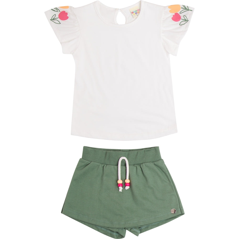 Conjunto Infantil Feminino Have Fun Tulipas Meia Malha e Moletim