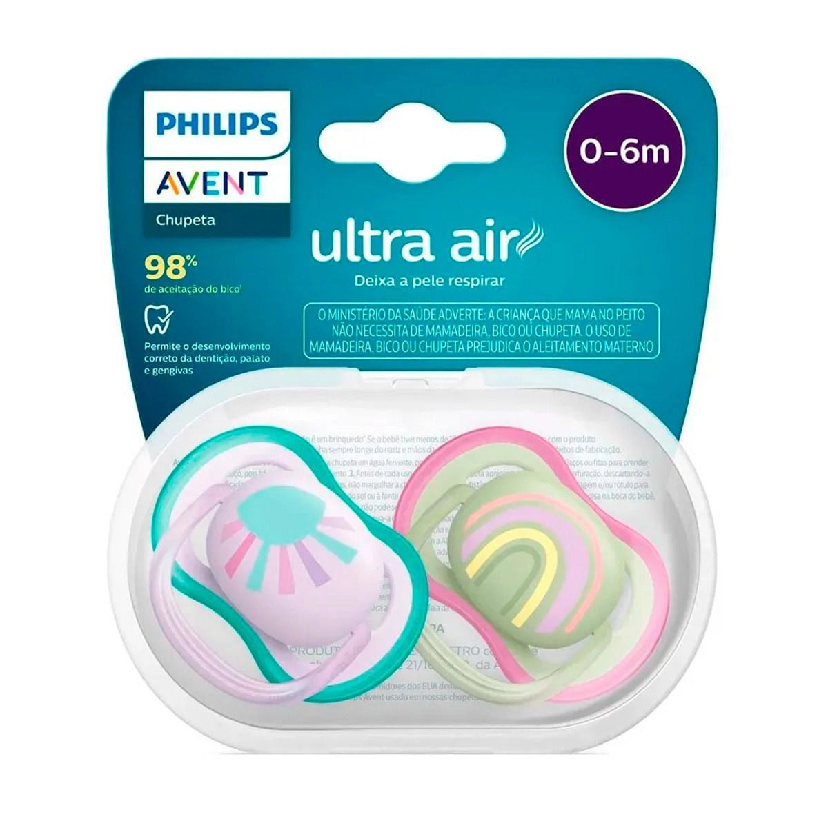 Chupeta Ultra Air Avent Dupla Arco Iris E Sol 0-6m Rosa E Verde