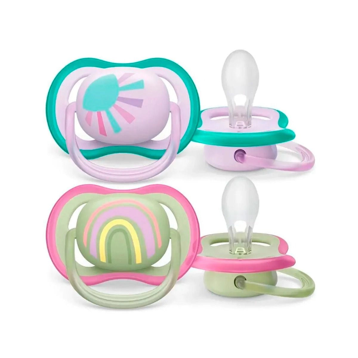 Chupeta Ultra Air Avent Dupla Arco Iris E Sol 0-6m Rosa E Verde