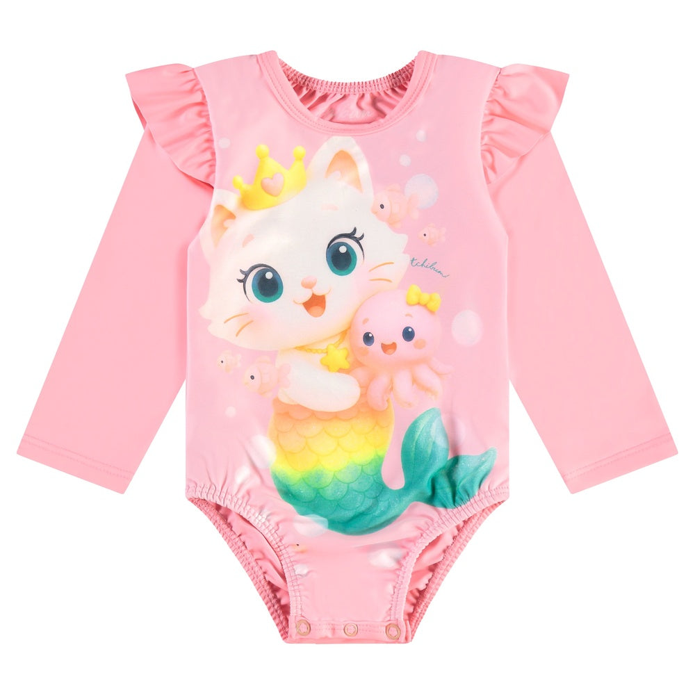 Maiô Manga Longa Infantil Feminino Kamylus Tchibum Gatinha Sereia Proteção UV 50+ Dri-Fit