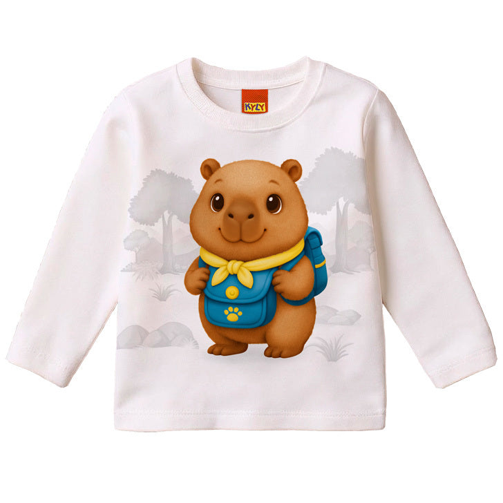 Camiseta Infantil Masculina Kyly Manga Longa em Malha Capivara Exploradora