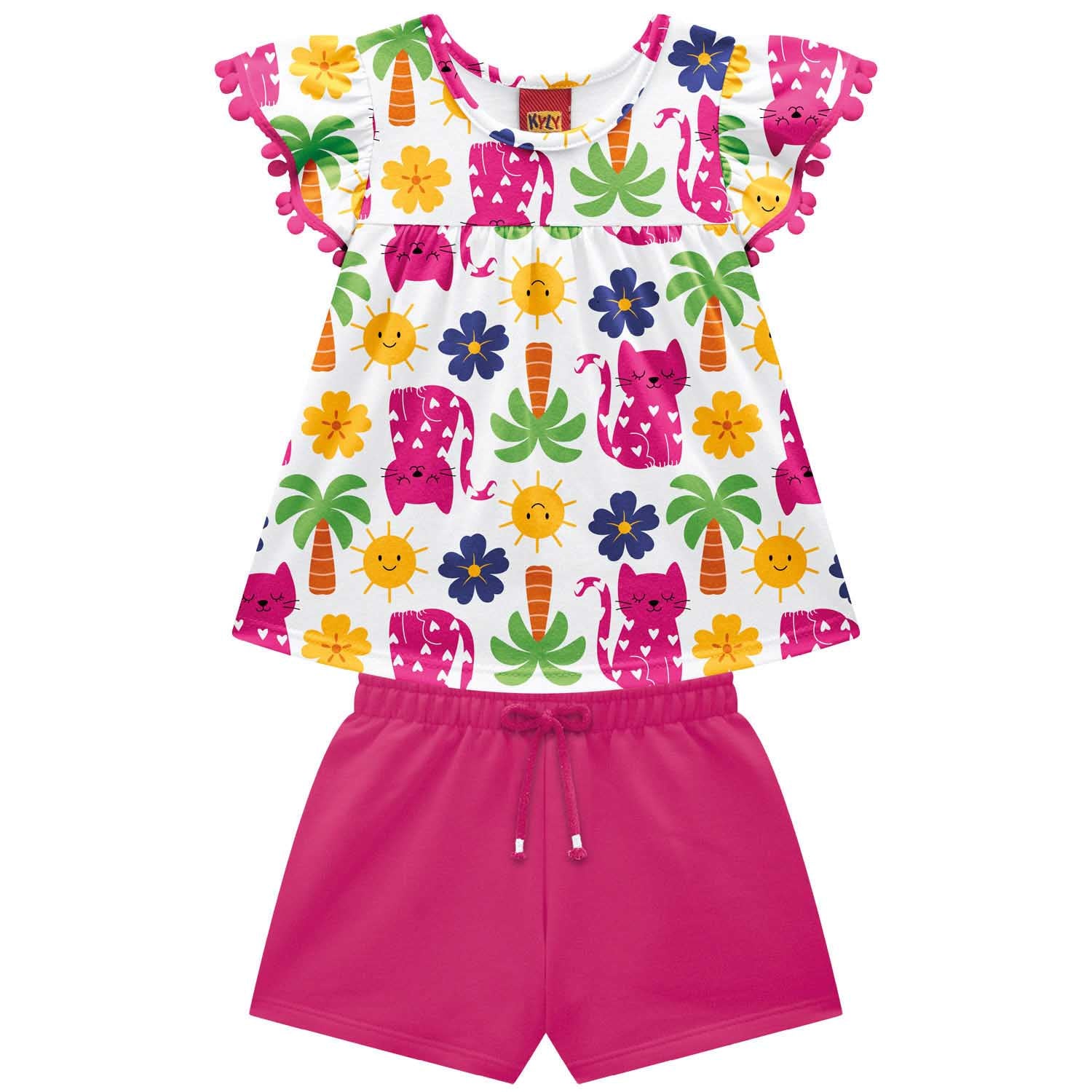 Conjunto Infantil Feminino Kyly Blusa Tropical Gatinhas e Short