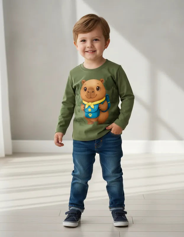 Camiseta Infantil Masculina Kyly Manga Longa em Malha Capivara Exploradora