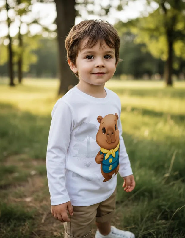 Camiseta Infantil Masculina Kyly Manga Longa em Malha Capivara Exploradora