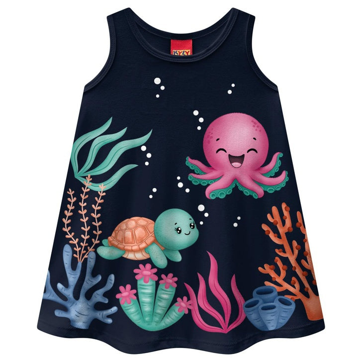 Vestido Kyly Fundo do Mar Polvo e Tartaruga