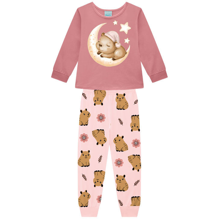 Pijama Infantil Feminino Kyly Capivara na Lua Algodão