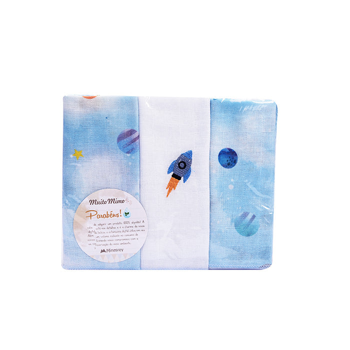 Kit Fralda Muito Mimo Bordada com Bainha Enxoval 3 Peças 70x70cm