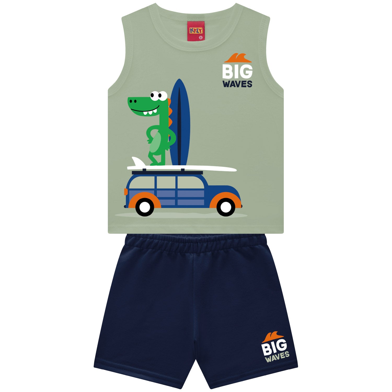 Conjunto Infantil Masculino Kyly Jacaré Big Waves Regata e Bermuda