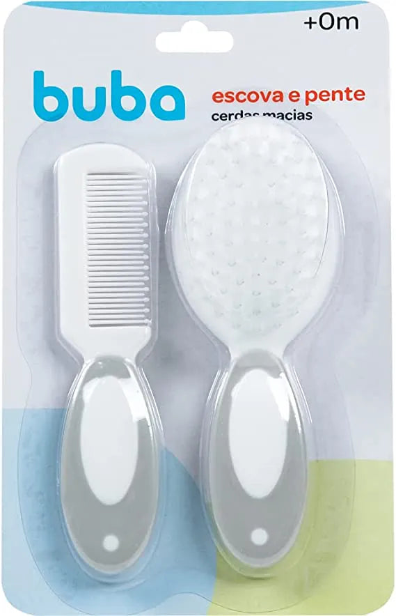 Kit Escova E Pente Cerdas Macias 2 Peças Buba Branco/cinza