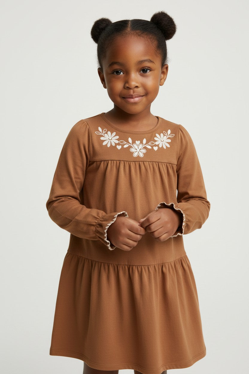 Vestido Infantil Pulla Bulla Flores Bordadas Manga Longa Menina