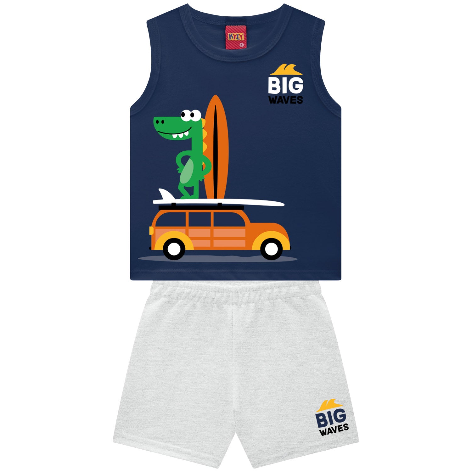 Conjunto Infantil Masculino Kyly Jacaré Big Waves Regata e Bermuda