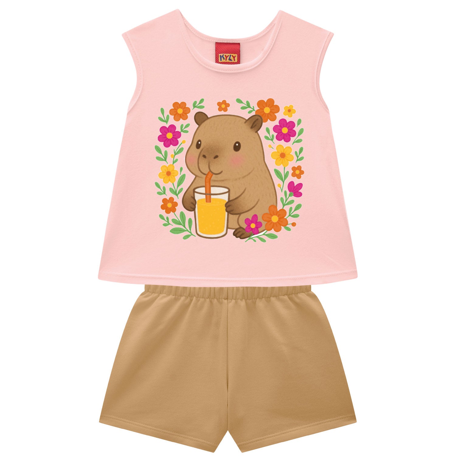 Conjunto Infantil Feminino Kyly Capivara Florida Regata e Shorts Algodão