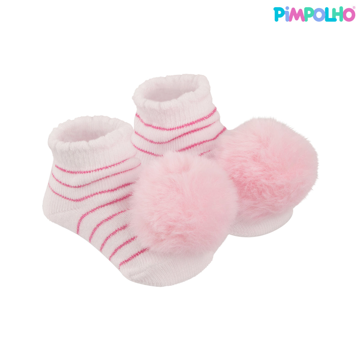 Kit Meia Bebê Pimpolho Feminina com Pompom RN Enxoval 2 Pares
