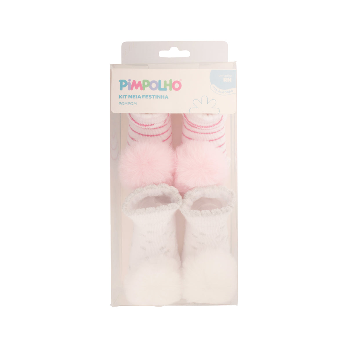 Kit Meia Bebê Pimpolho Feminina com Pompom RN Enxoval 2 Pares