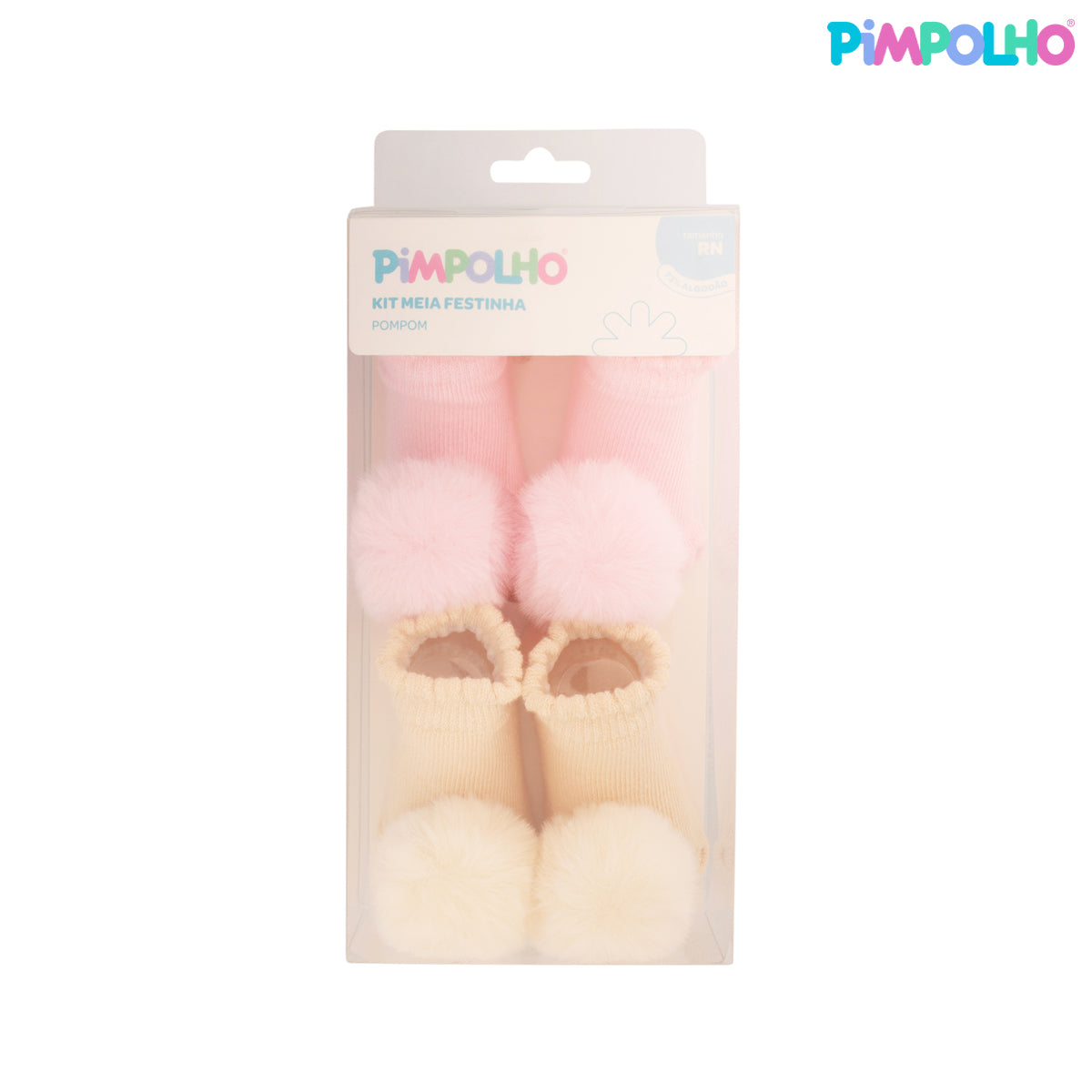 Kit Meia Bebê Pimpolho Feminina com Pompom RN Enxoval 2 Pares