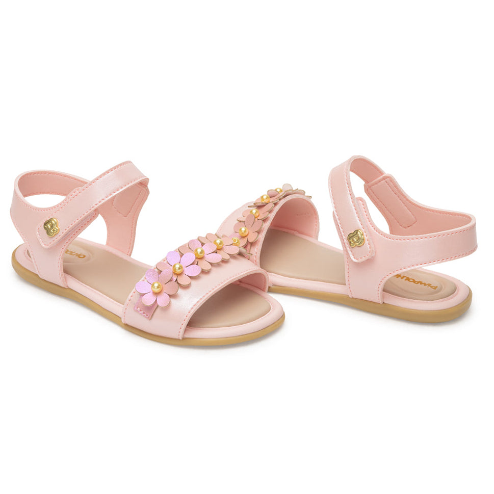 Sandália Infantil Menina Pimpolho Flora Rosa com Flores e Pérolas
