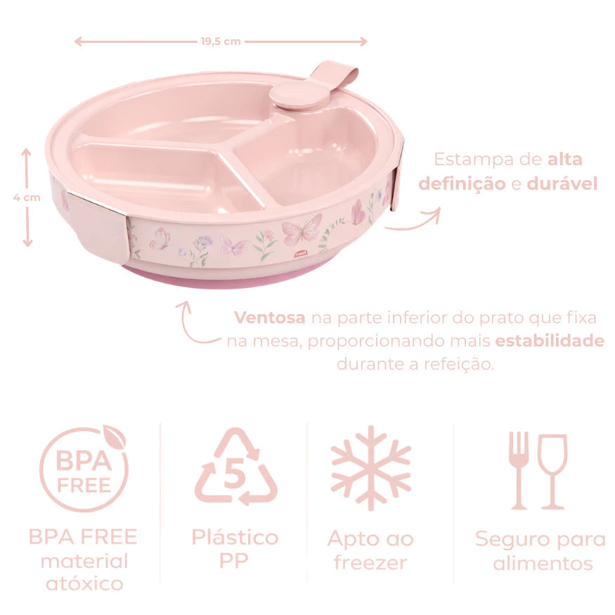 Prato Térmico Infantil Plasútil com Ventosa, Colher e 3 Divisórias