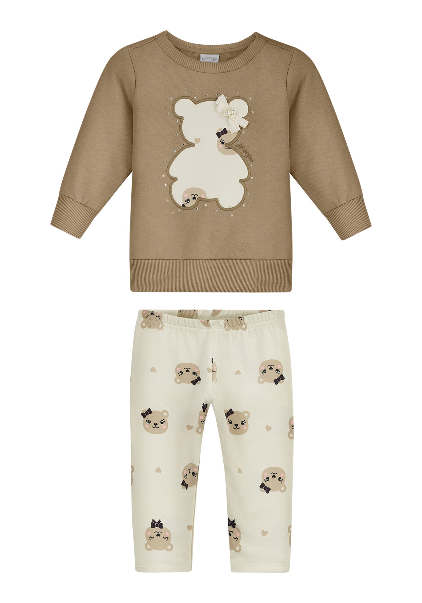 Conjunto Infantil Feminino Alakazoo Ursinha em Moletom e Molecotton com Aplique