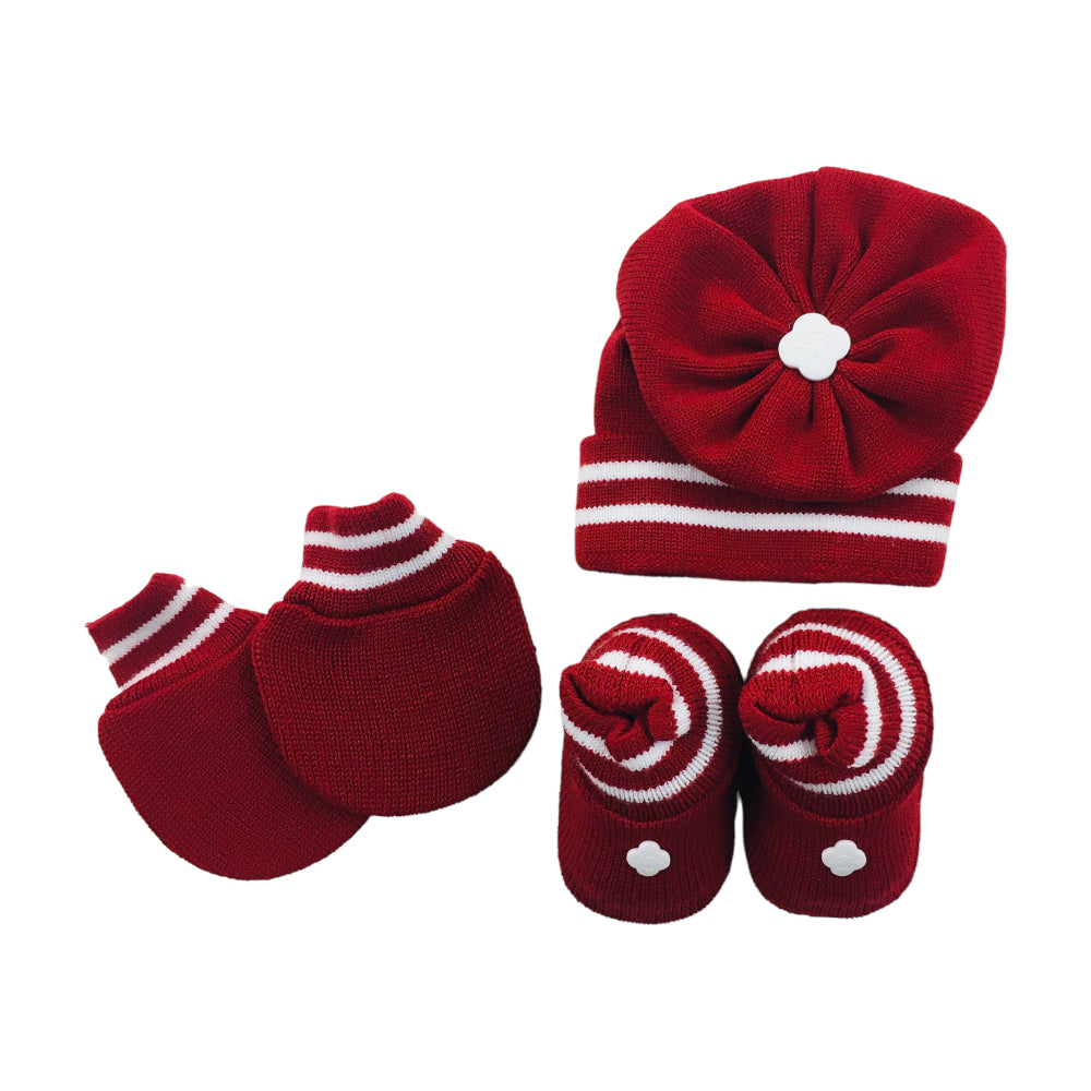 Kit Bebe Tricot Listras Com Sapato Luva E Touca 3 Peças