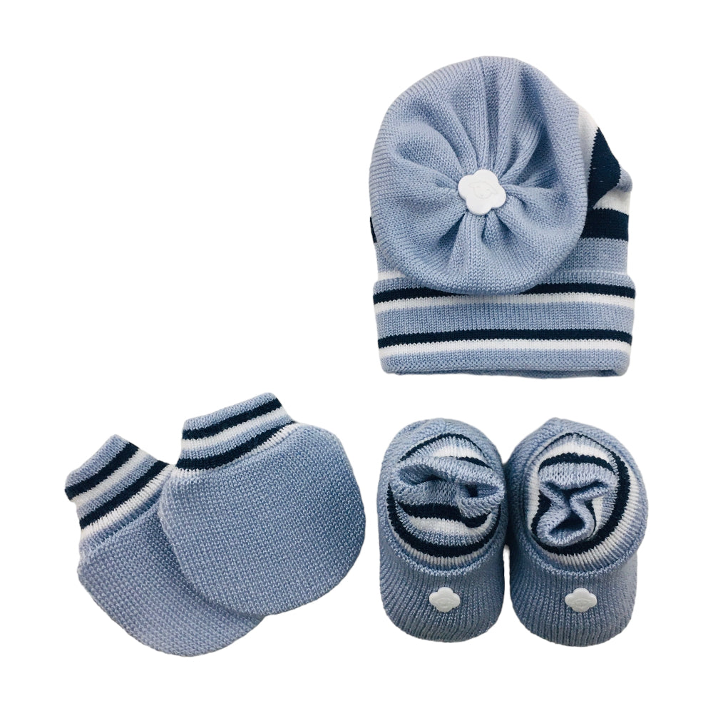 Kit Bebe Tricot Listras Com Sapato Luva E Touca 3 Peças