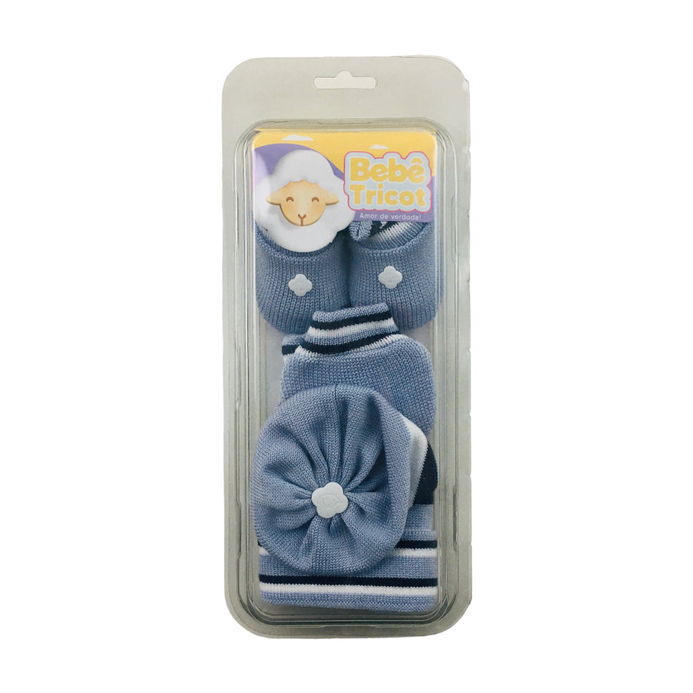 Kit Bebe Tricot Listras Com Sapato Luva E Touca 3 Peças