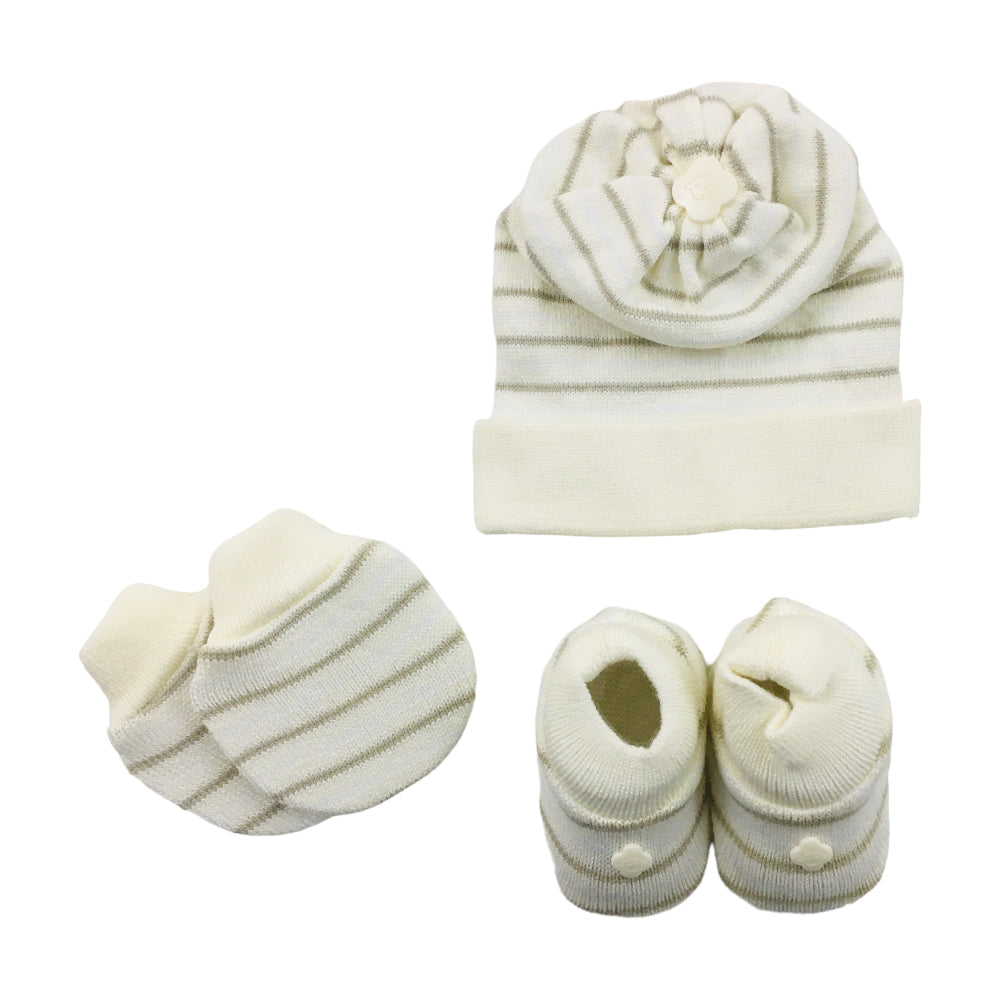 Kit Bebe Tricot Listrado Com Sapato Luva E Touca 3 Peças