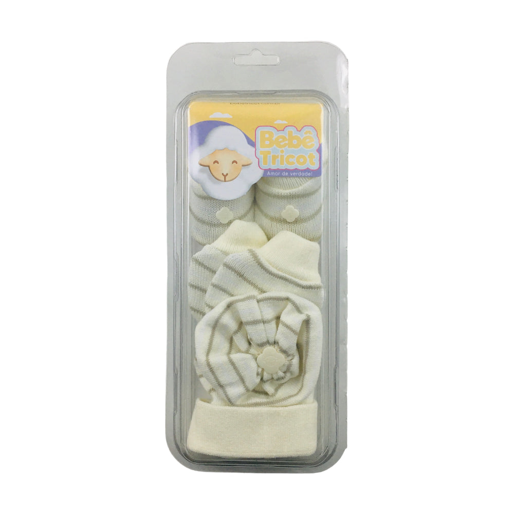 Kit Bebe Tricot Listrado Com Sapato Luva E Touca 3 Peças